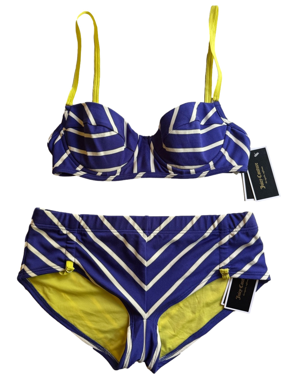 Juicy Couture Nautical Striped Bikini Set Contrasting Neon Yellow Straps Medium